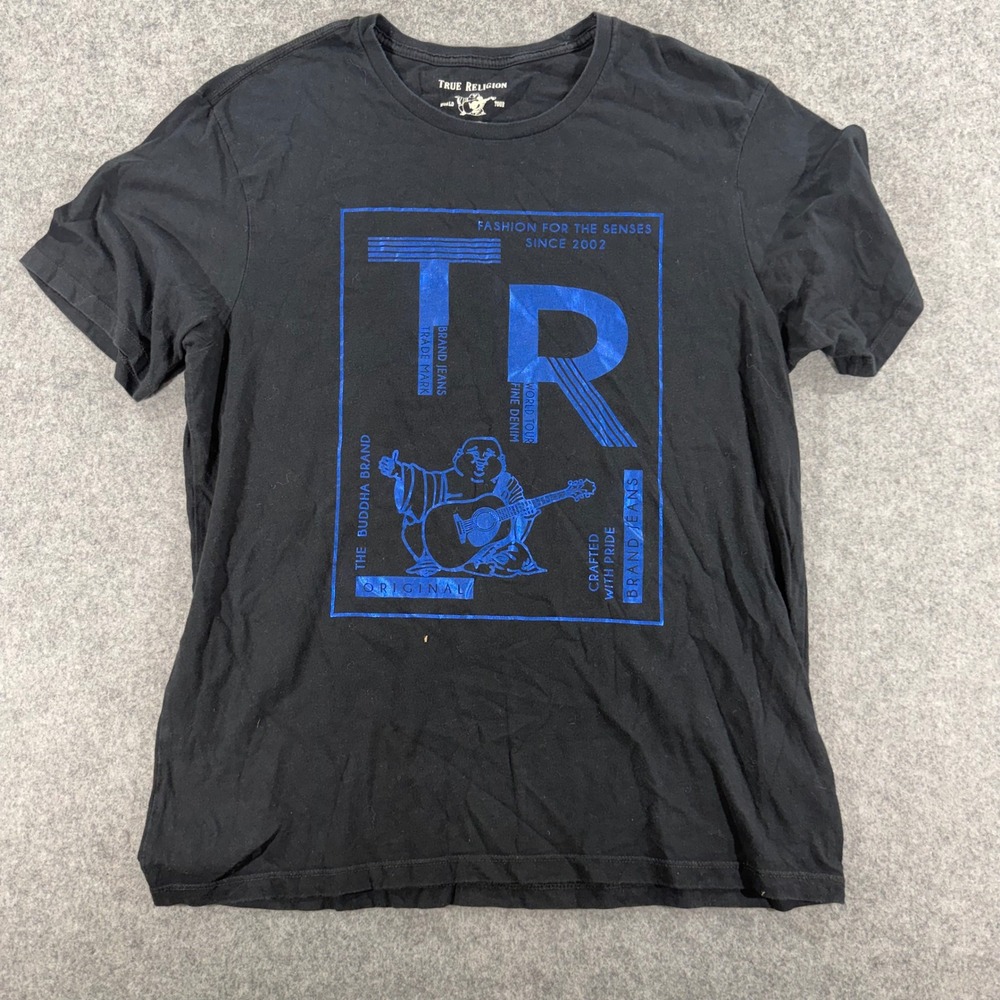 True Religion Mens Black Blue Buddha Graphic Logo T-Shirt XL World Tour Tee
